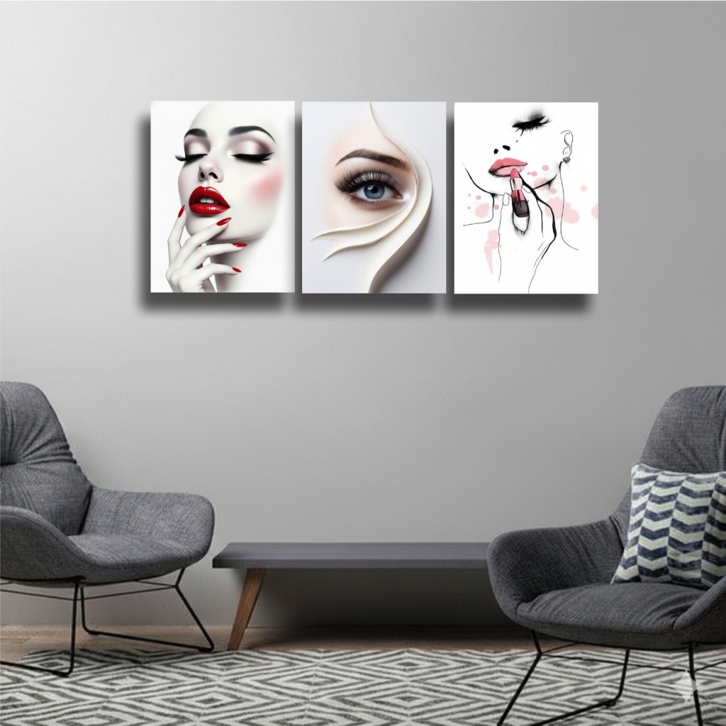 Kit Quadro Decorativo 20X30 Salão Nail Designer Mulher Parede Trio Sobrancelha Femenino Maquiagem