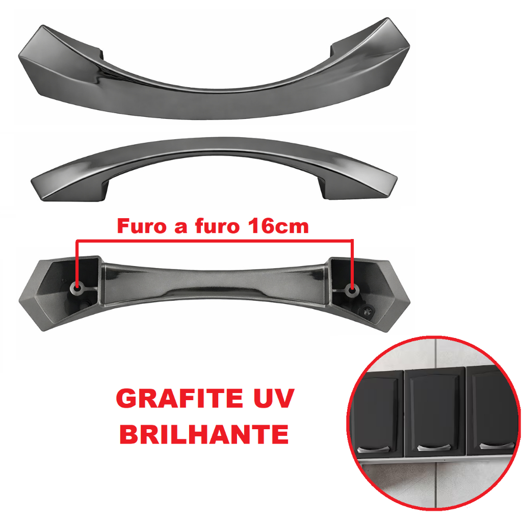 (Armário Itatiaia) Puxador armário de aço original premium grafite brilhante 16cm furo a furo