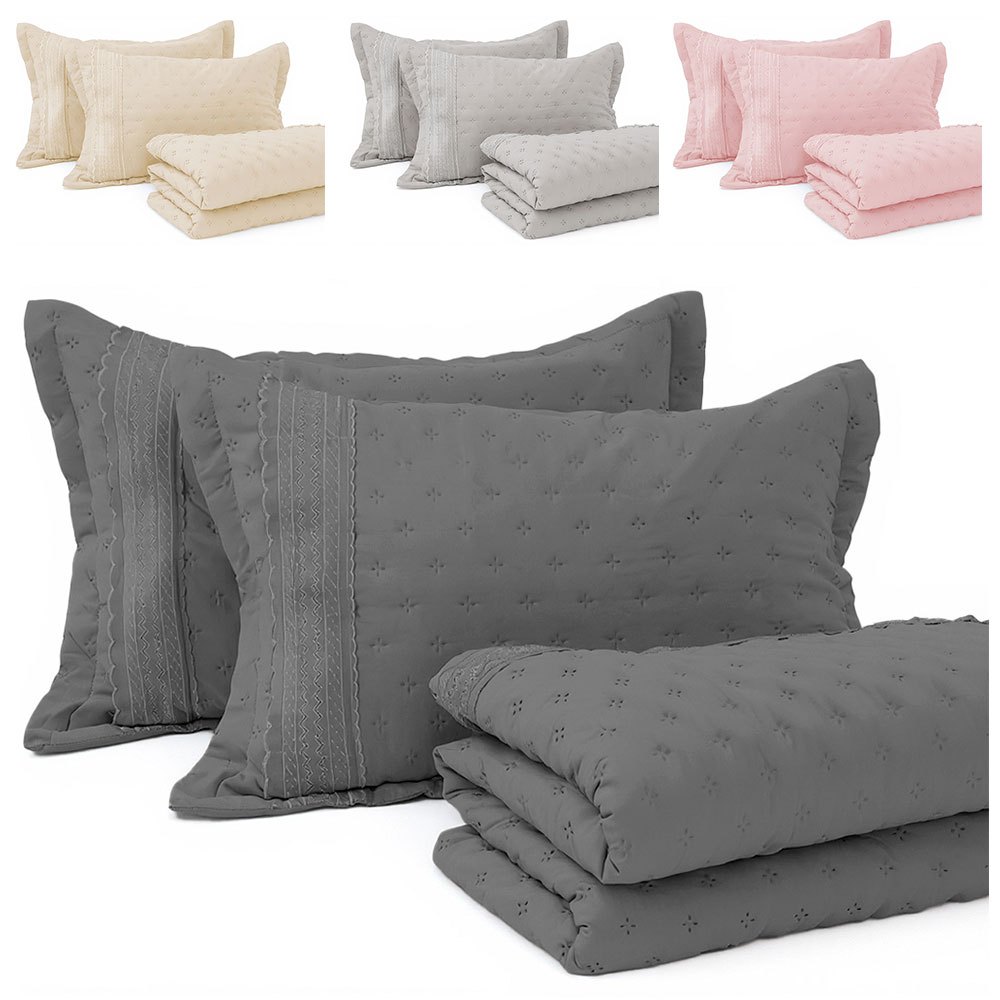 Kit Cobre Leito Colcha Casal 3 Peças com Bordado Inglês Micro Percal Ultrassônico BF Colchões em Oferta na Shopee