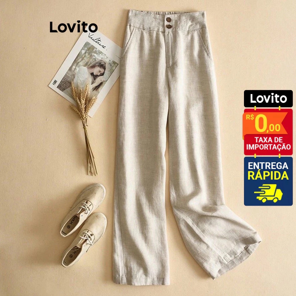 Lovito Calça Feminina Linho Casual com Botões PTNS21EX224 em Oferta na Shopee