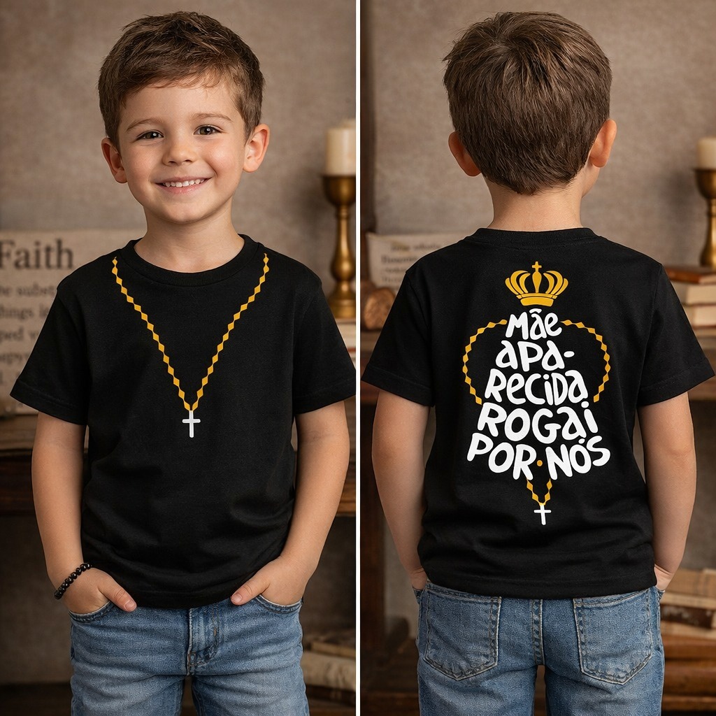 Camiseta Oversized Infantil streetwear Nossa estampada Senhora Terço Algodão Envio Rapido