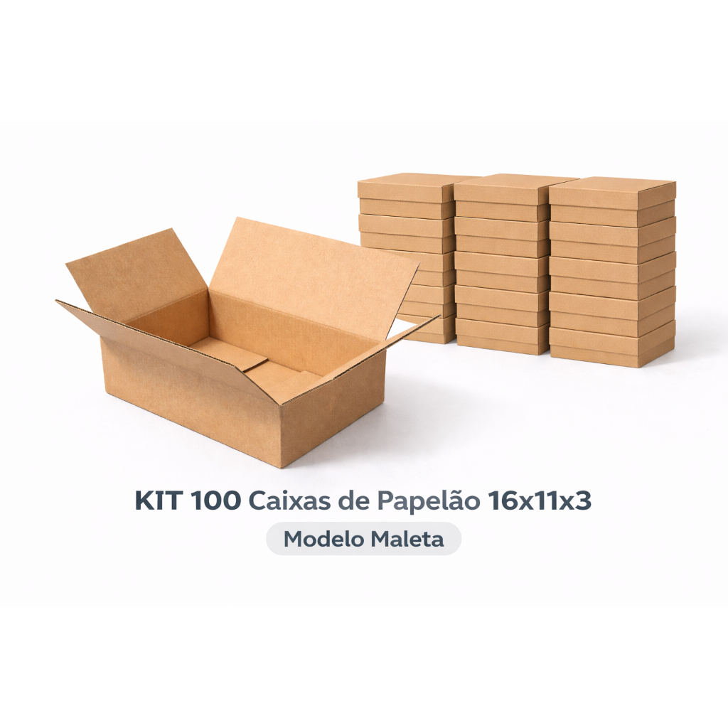 KIT 100 Caixas de Papelão 16x11x3 Mini Envio Correios Ecommerce Maleta KIT 100 Caixas de Papelão 16x11x3 Mini Envio Correios Ecommerce Maleta
