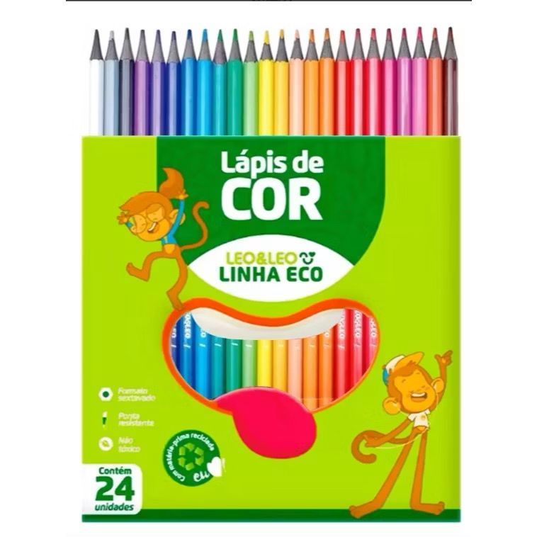 Lápis de Cor 24 Cores Sextavado Resina Ecológico Leo&Leo Para Desenhar Colorir Escola