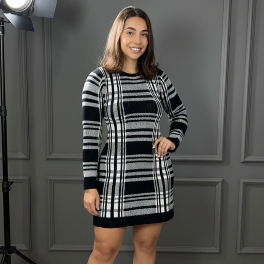 Vestido Feminino Curto Vestido Tricot Manga Longa Xadrez Roupa Feminina Inverno Elegante