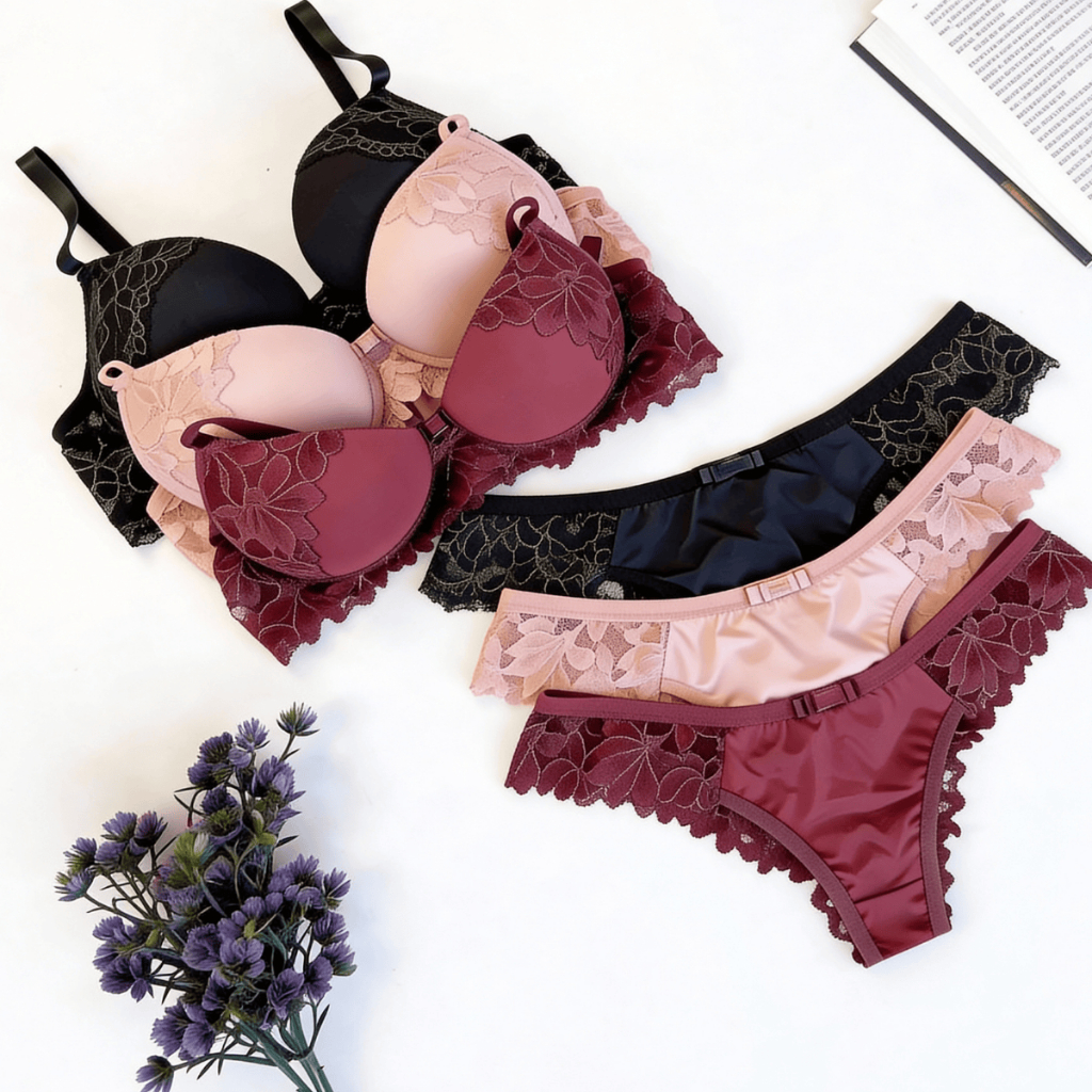 Kit 3 Conjuntos Lingerie Calcinha e Sutiã de Bojo com Detalhes em Renda Moda Intima Promoção Dia a Dia