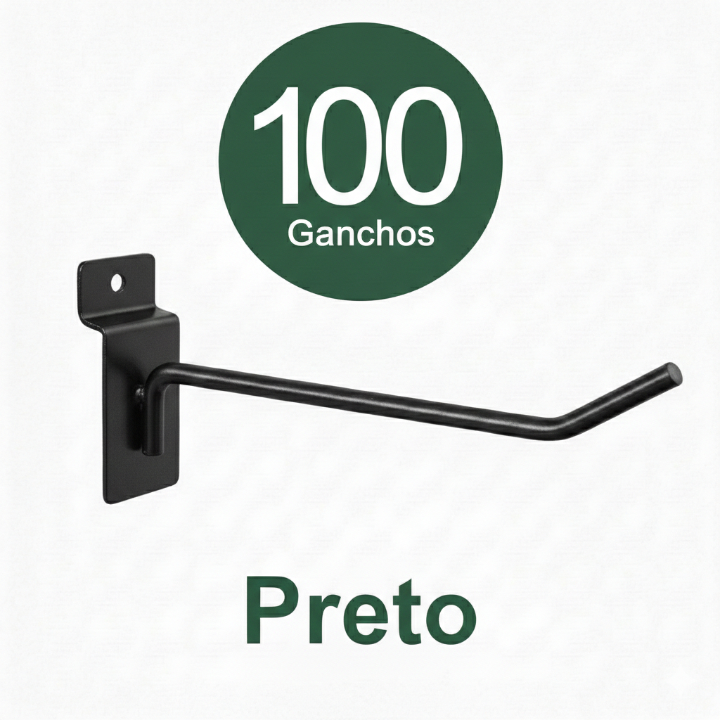 Gancho para Painel Canaletado 15 cm Preto Kit 100 Peças Reforçado Loja Expositor Aço Resistente