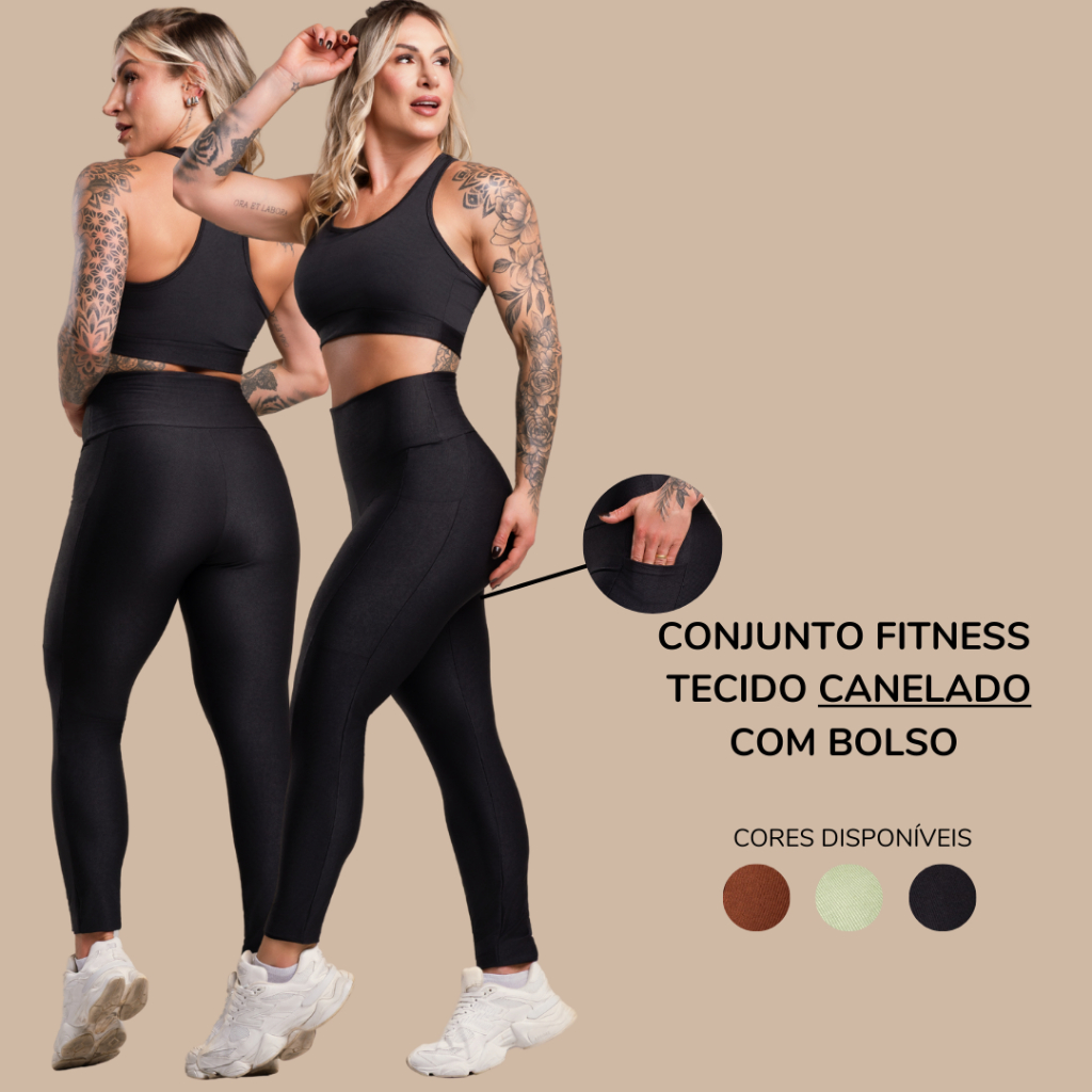 Conjunto Fitness Feminino Canelado Brilhoso Academia Top Liso e Calça Legging Com Bolso Cintura Alta Brilho F7 NEW STYLE