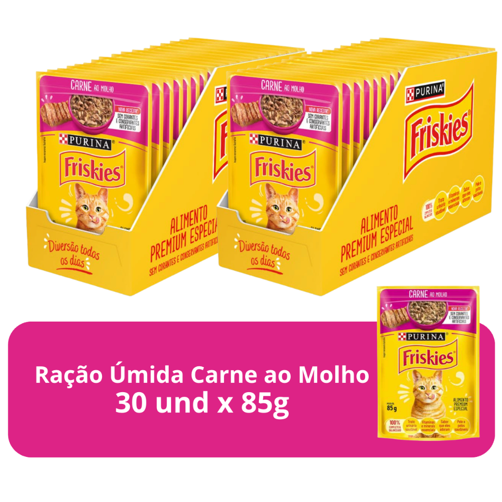 Ração Úmida Para Gatos Adultos Carne Ao Molho Friskies  - 30 Sachês de 85g em Oferta na Shopee