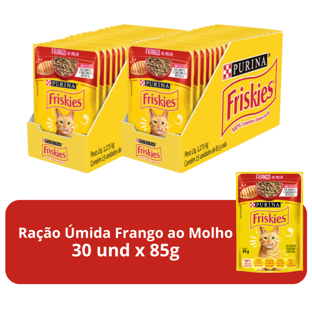 Imagem Ração Úmida Para Gatos Adultos Frango Ao Molho Friskies  - 30 Sachês de 85g