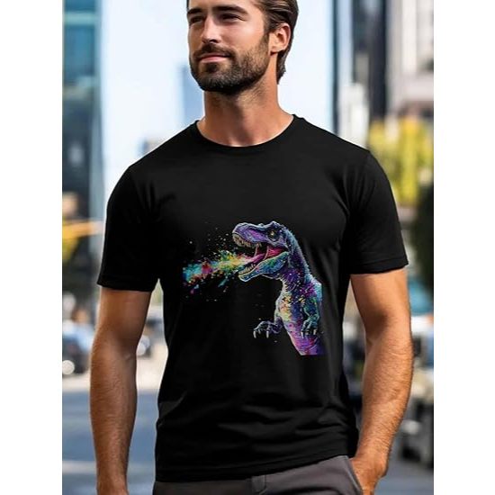 Camiseta masculina com estampa de dinossauro respirando fogo camisetas de algodão gola redonda masculina manga curta