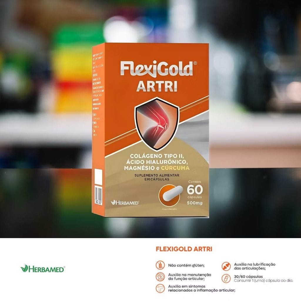 Flexigold Artri  Colágeno Tipo II + CURCUMA + MAGNÉSIO + ÁCIDO HIALURÔNICO 60 Cáps - Herbamed