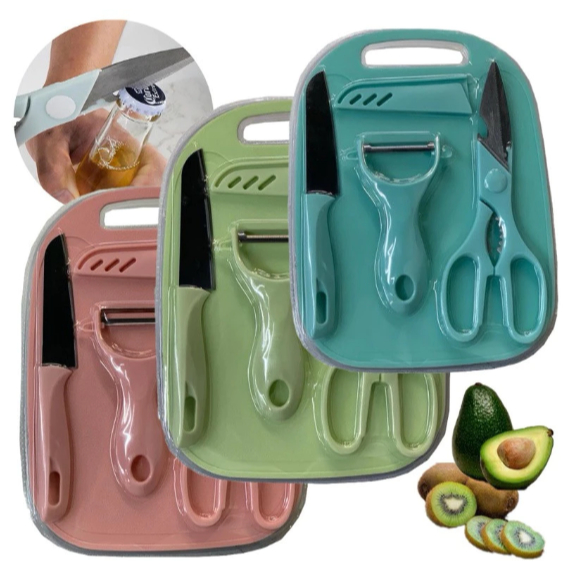 Kit Faca de Cozinha 4 Peças Portátil Faca, Tesoura, Tábua, Descascador Coloridos de Cozinha em Oferta na Shopee