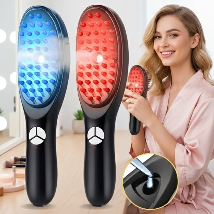 Escova de Cabelo com Nano Spray e LED Terapêutico (Vermelho + Azul) – Hidratação e Tratamento Profundo em Oferta na Shopee