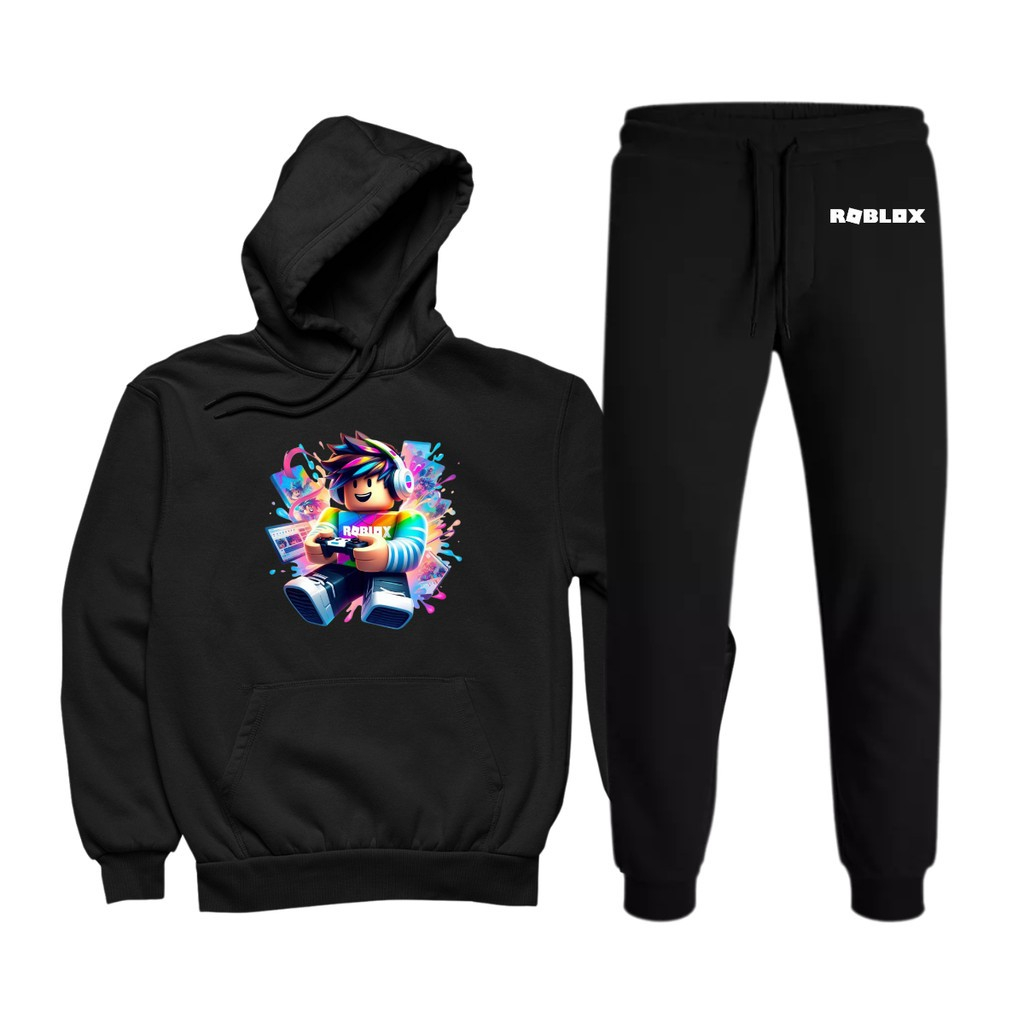 Conjunto Volta as Aulas Moletom Canguru e Calça Estampado Roblox Gamer Jogo Animado Confortável