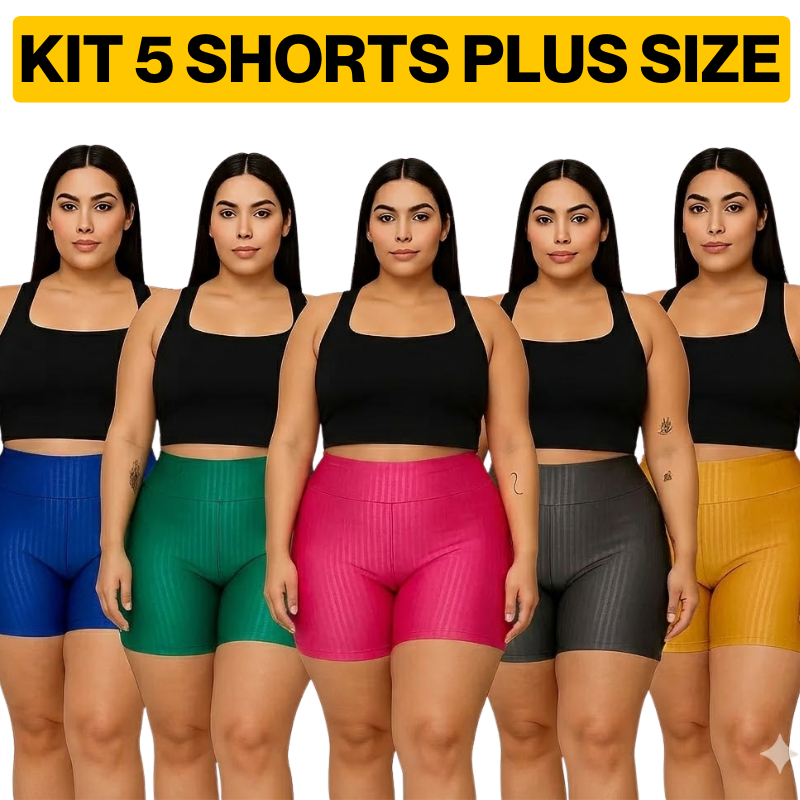 KIT 5 Shorts Feminino Plus Size Cirrê 3D Academia Fitness Cintura Alta Zero Transparência