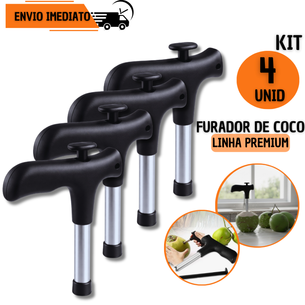 Furador de Coco 4/ 2 ou 1 Unids Premium Inox Abridor Manual Cabo Preto Água de Coco Profissional