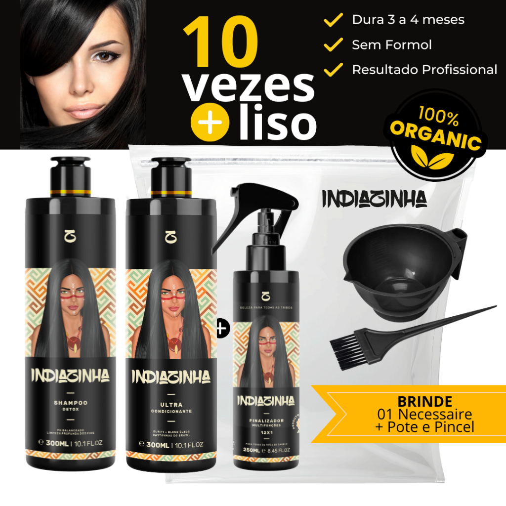 Progressiva Sem Formol Orgânica Liso Extremo 300ml + Shampoo Detox 300ml + Finalizador 12x1 250ml - Indiazinha