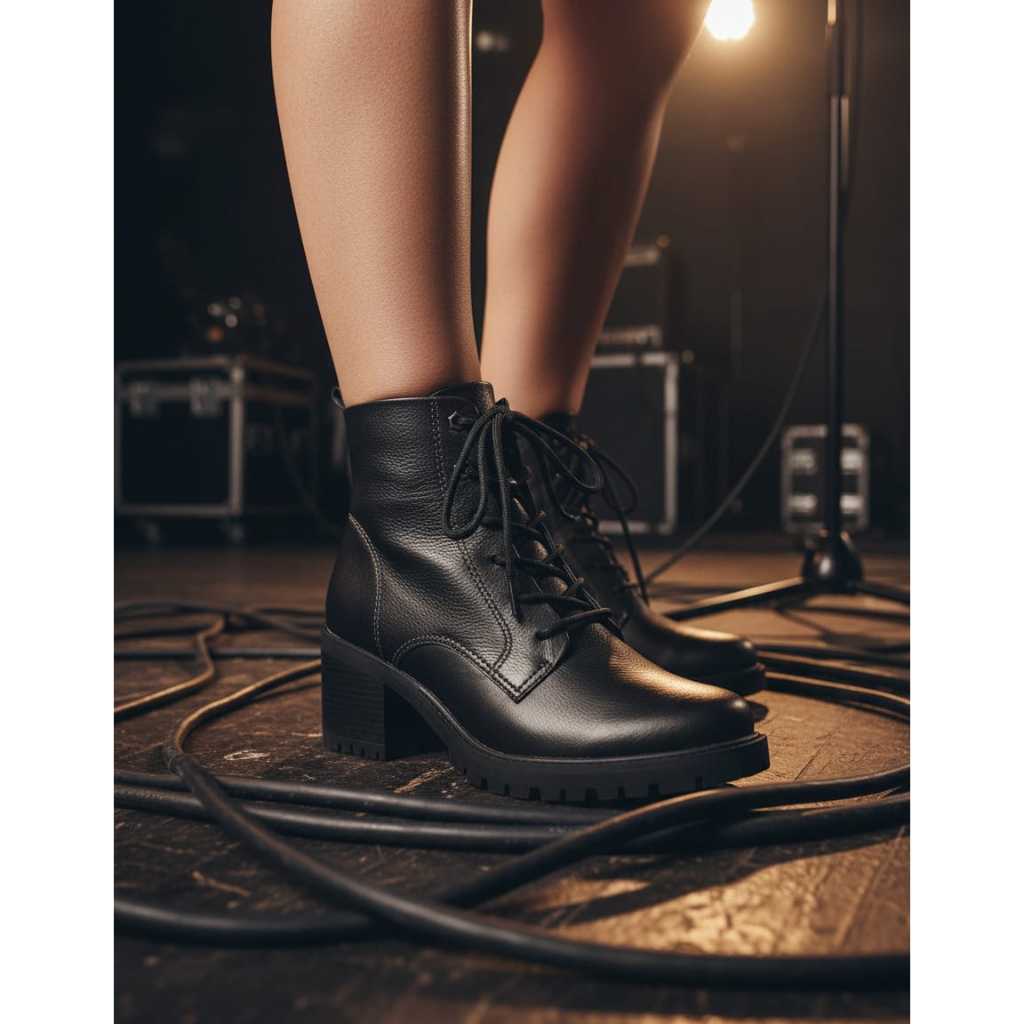 Bota Coturno Feminina Preta Salto Médio Tratorada Zíper