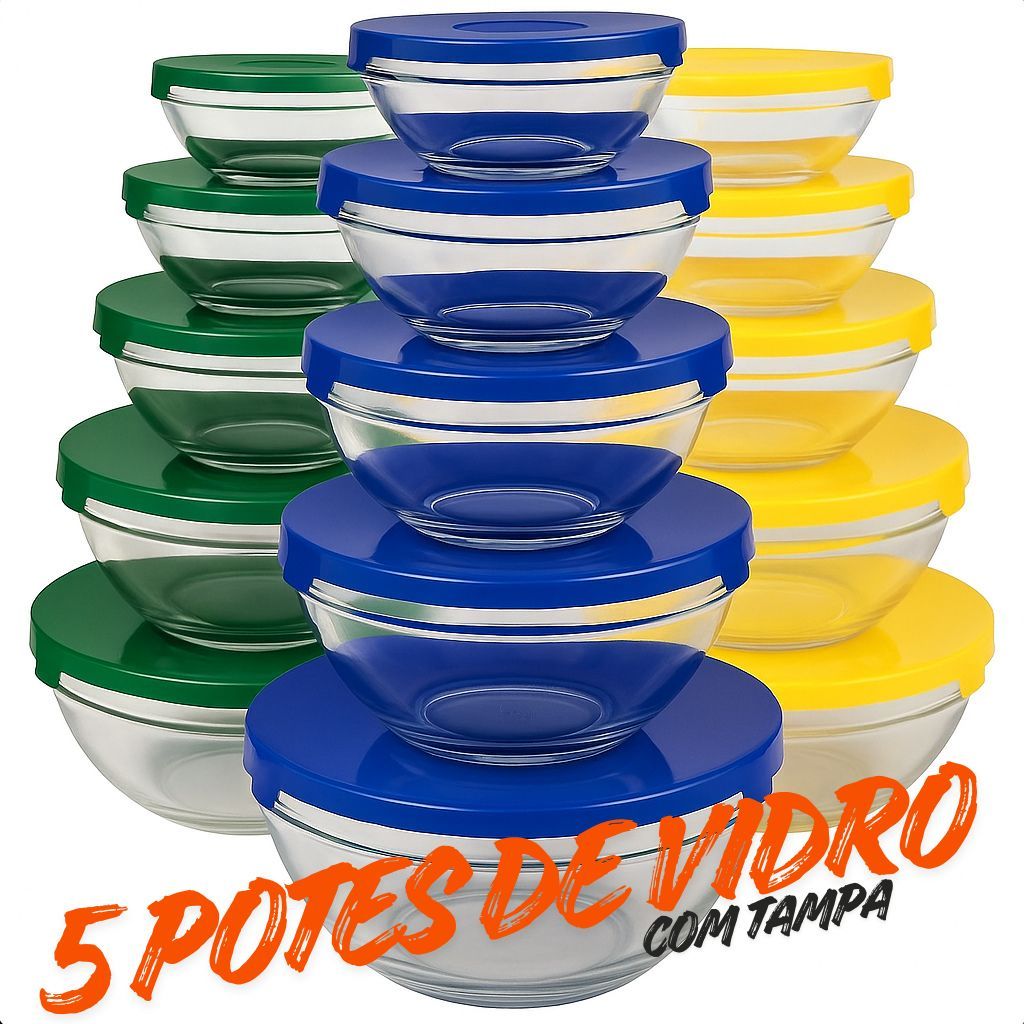 Kit com 5 Potes tigela de Vidro com Tampa –135 ml, 200 ml, 400 ml, 550 ml, 1000 ml| armazenamento