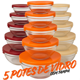 Kit com 5 Potes de Vidro tigela com Tampa –135 ml, 200 ml, 400 ml, 550 ml, 1000 ml|alimentos em Oferta na Shopee