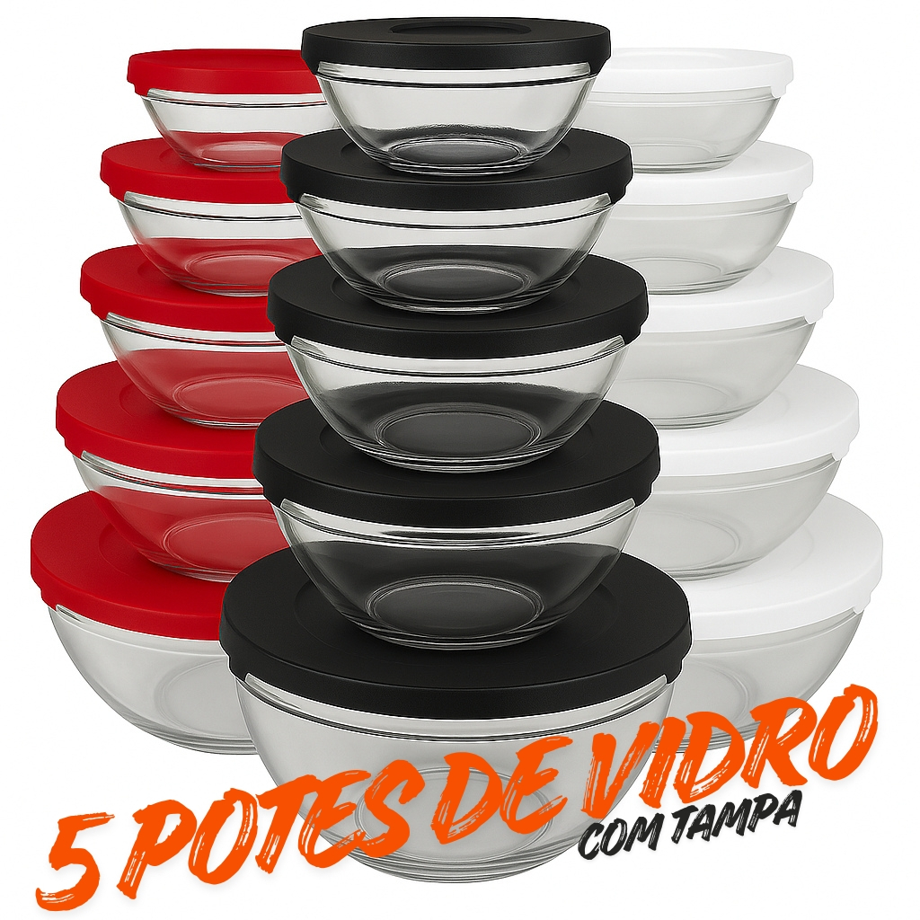 Conjunto com 5 Potes de Vidro com Tampa –135 ml, 200 ml, 400 ml, 550 ml, 1000 ml em Oferta na Shopee