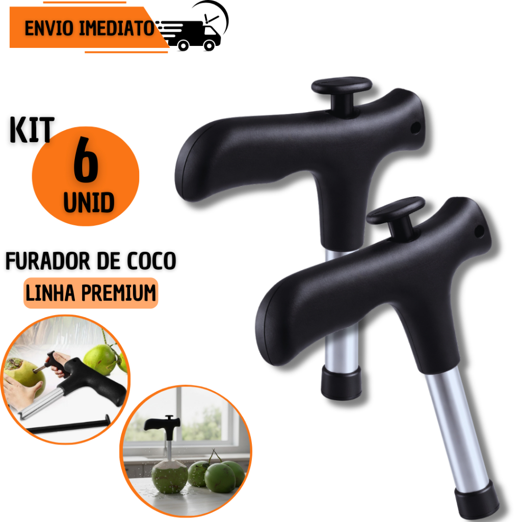 Kit 6/4 ou 2 Furador de Coco Premium Inox Abridor Manual Cabo Preto Água de Coco Profissional Quiosque