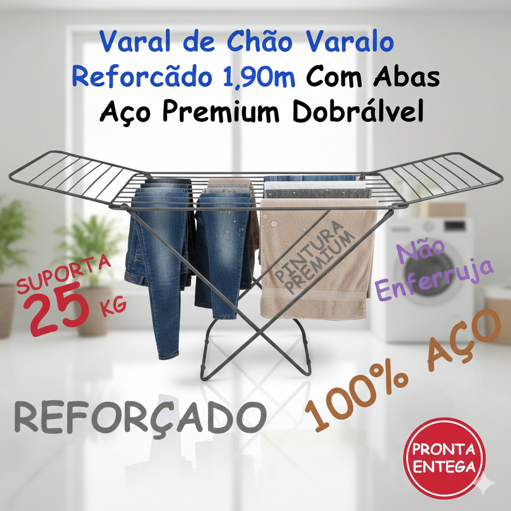 Varal de Chão Reforçado 1,90m Com Abas Aço Premium Dobrável - O Maior e Mais Resistente