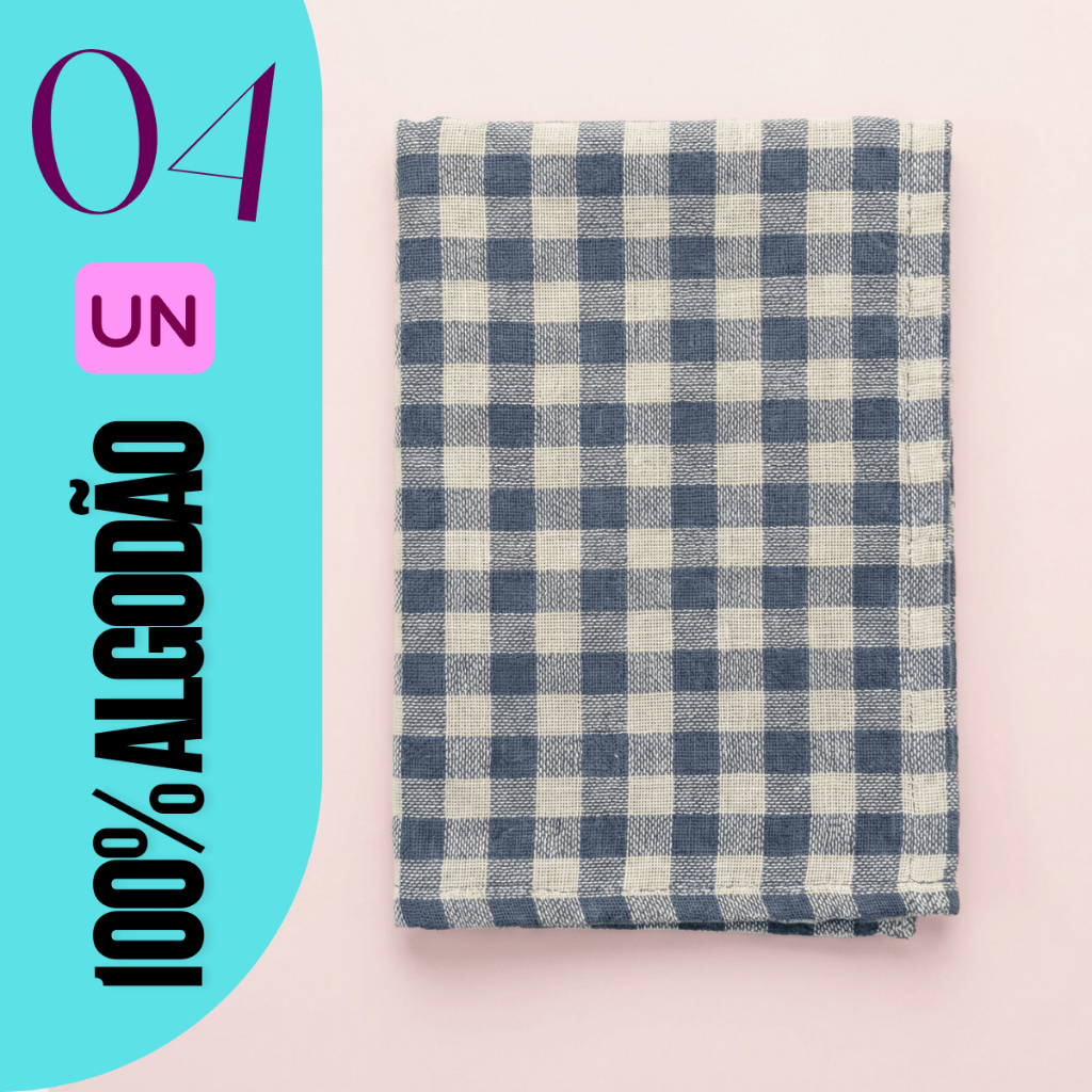 Kit 4 Pano de Chão Saco Xadrez 70x45cm Extra Grande 100% Algodão Pano de Limpeza Multiuso Reforçado Overloque Alta Absor
