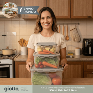 Kit 3 Potes Com Tampa e Trava Altos 500ML 900Ml e 2,2L Camurça Freezer e micro-ondas fitness em Oferta na Shopee