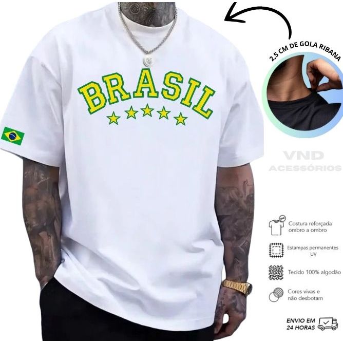 Camiseta Brasil Copa do Mundo Masculina 100% Algodão 30.1 Camisa Estampada Seleção Brasileira