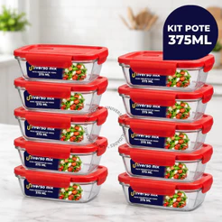 Kit 10 ou 5 Potes Vidro Retangular Hermético 375ml 4 Travas Marmita Premium Vermelho