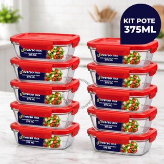 Kit 10 ou 5 Potes Vidro Retangular Hermético 375ml 4 Travas Marmita Premium Vermelho em Oferta na Shopee