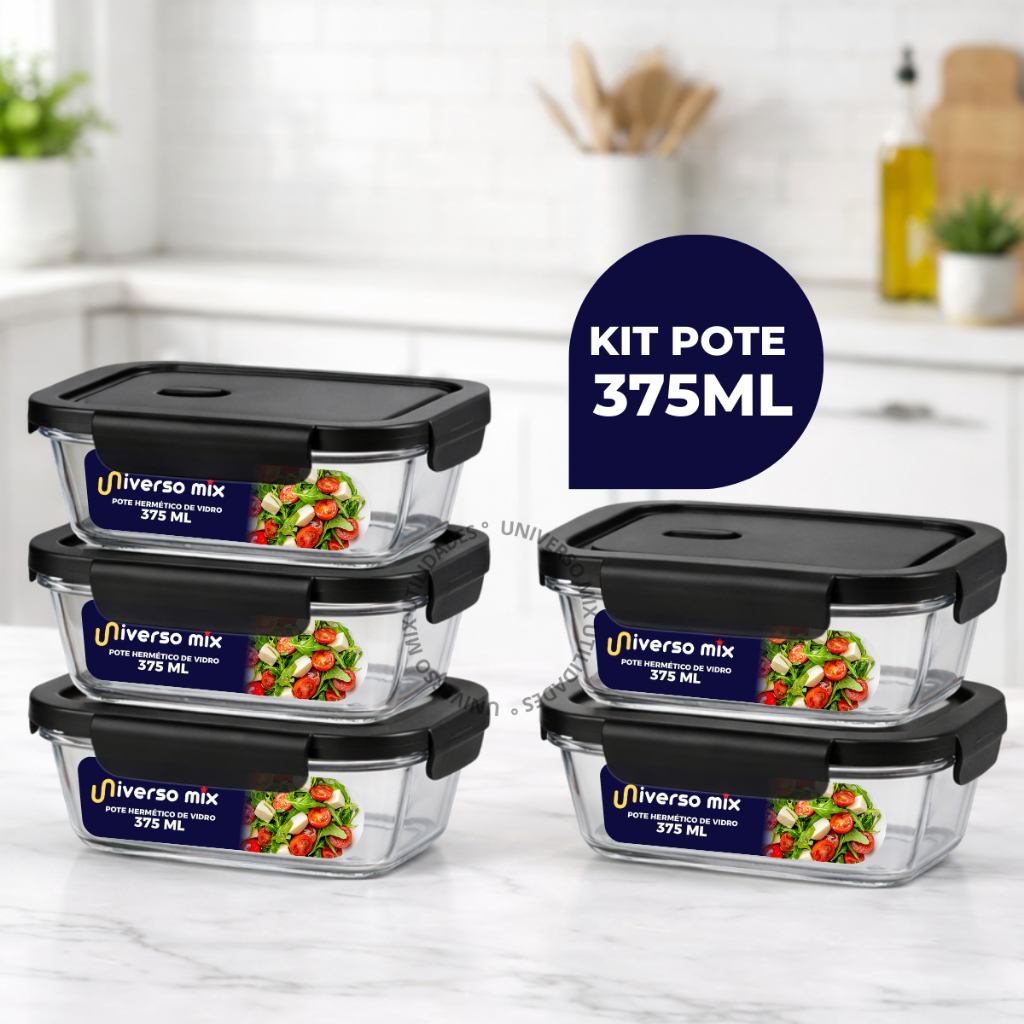 Kit 5 ou 10 Potes Vidro Hermético 375ml Retangular 4 Travas Premium - Preto em Oferta na Shopee