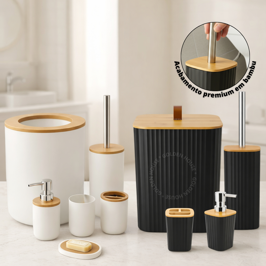 Kit Banheiro Lixeira C/ Tampa Detalhes Em Bambu Premium