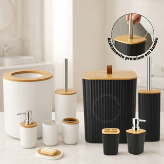 Kit Banheiro Lixeira C/ Tampa Detalhes Em Bambu Premium em Oferta na Shopee
