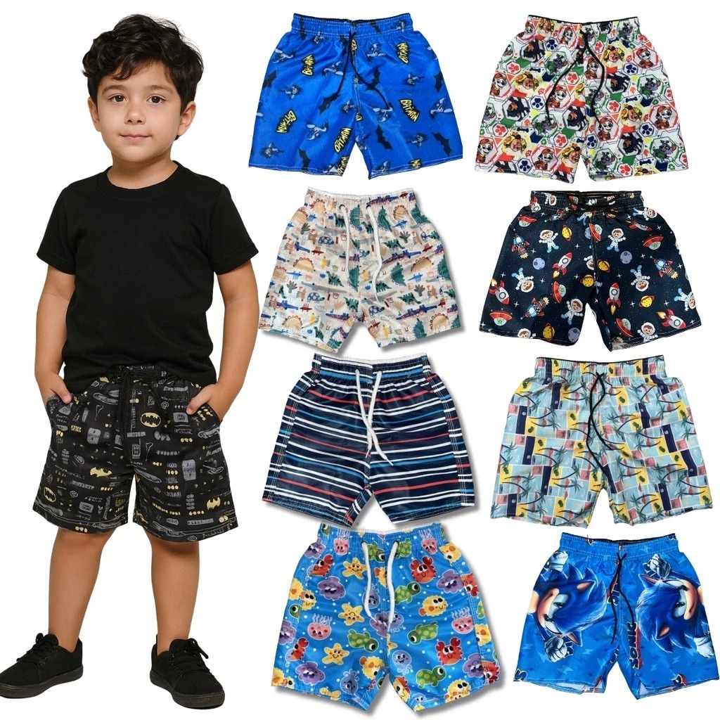 KIT INFANTIL COM 10 PEÇAS TACTEL ESTAMPADA BERMUDA TACTEL INFANTIL COM DESENHOS em Oferta na Shopee