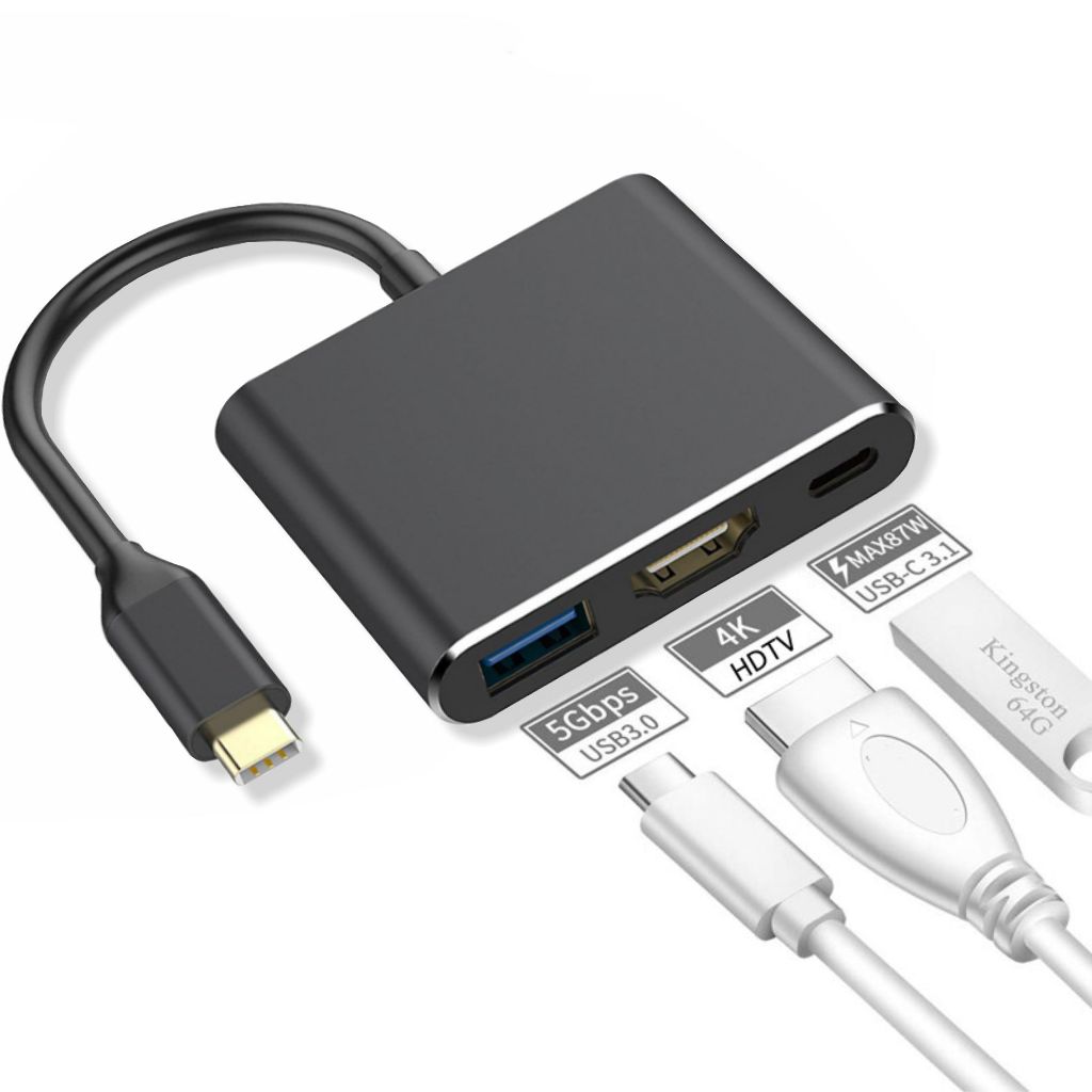 Adaptador 3 em 1 Tipo C Para Hdmi 4K USB 3.0 PD Compatível com MacBook Thunderbolt 3 DEX Android OTG