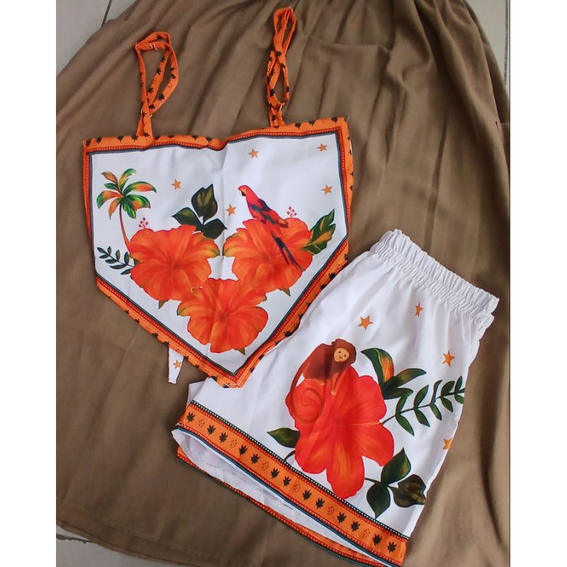 Conjunto  Tropical Feminino Estilo  Farm, Estilo  Bandana Super Fresquinho,Conjunto  Duas Peças  Leve