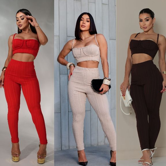 Conjunto femenino Alfaiataria , pantalona + Top - Tecido Ribana prime.