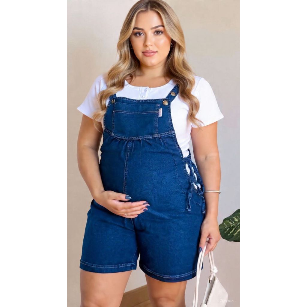 Macacão Gestante Plus Size Jeans Curto Apoio Para Barriga