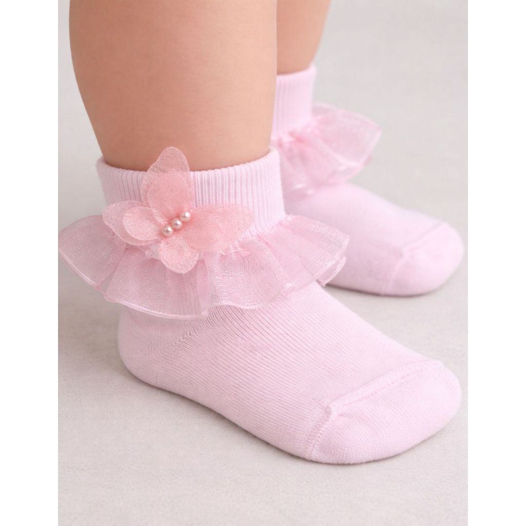 Meia Bebê Babado Borboleta e Pérolas Luxo Infantil Delicada Ideal para Batizado e Festas em Oferta na Shopee