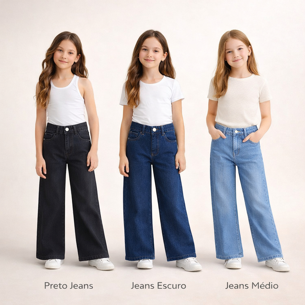 Kit 3 Calças Jeans Infantil Feminina Pantalona Wide Leg em Oferta na Shopee