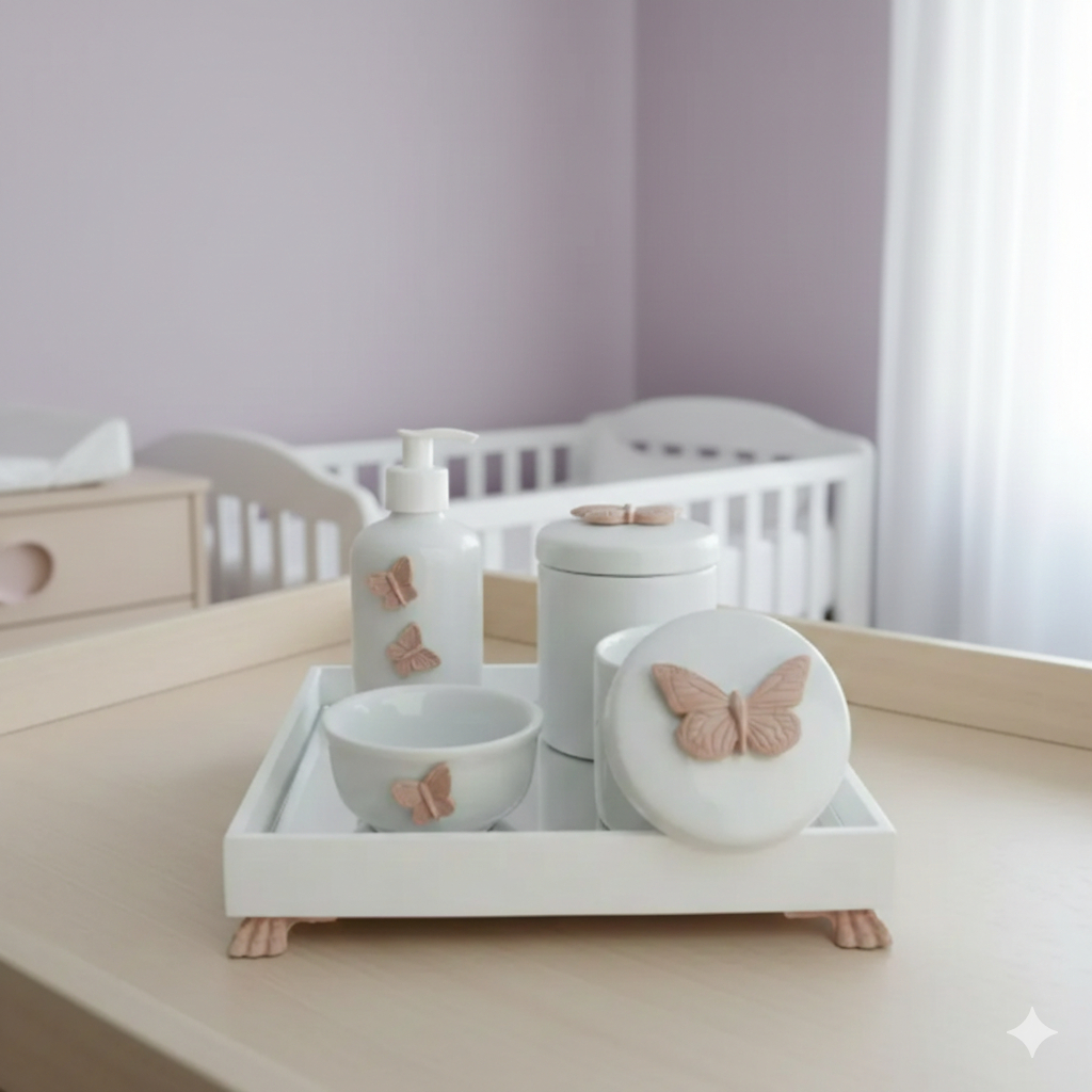 Kit Higiene Porcelana Bebê Banho Cuidado Quarto K014 Borboleta