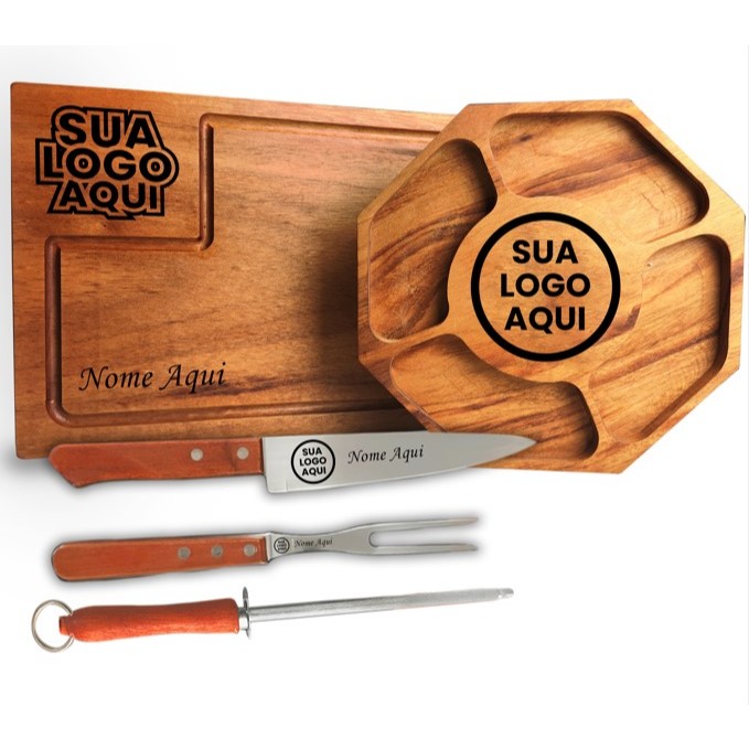 Kit tabua de corte com petiqueira e kit churrasqueiro personalizado logo e nome