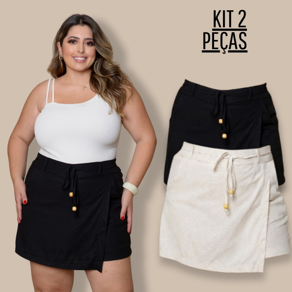 KIT 2 Short Saia Plus Size Cintura Alta Com Bolsos E Cinto Linho em Oferta na Shopee