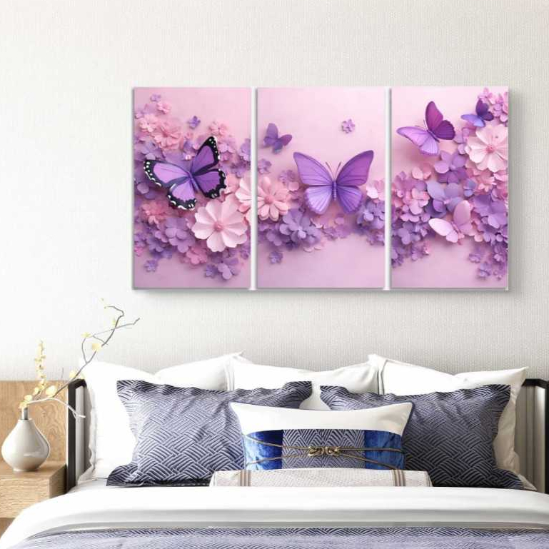 Kit 3 Peças Quadros Decorativos Borboleta Roxa Vibrante Sala Quarto