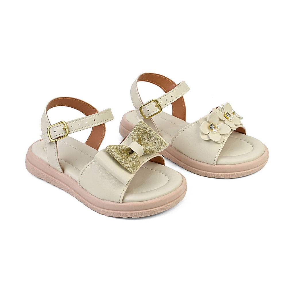 Kit 2 Pares Sandália Infantil Menina Feminina Laço Gliter Brilho e Flor Delicada Tratorada