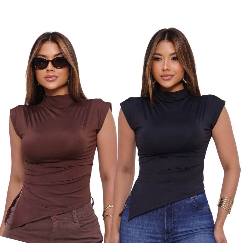 Kit 2 Blusa Elegante Assimétrica Gola Alta Dia a Dia Confortável  Muscle Tee Tendencia