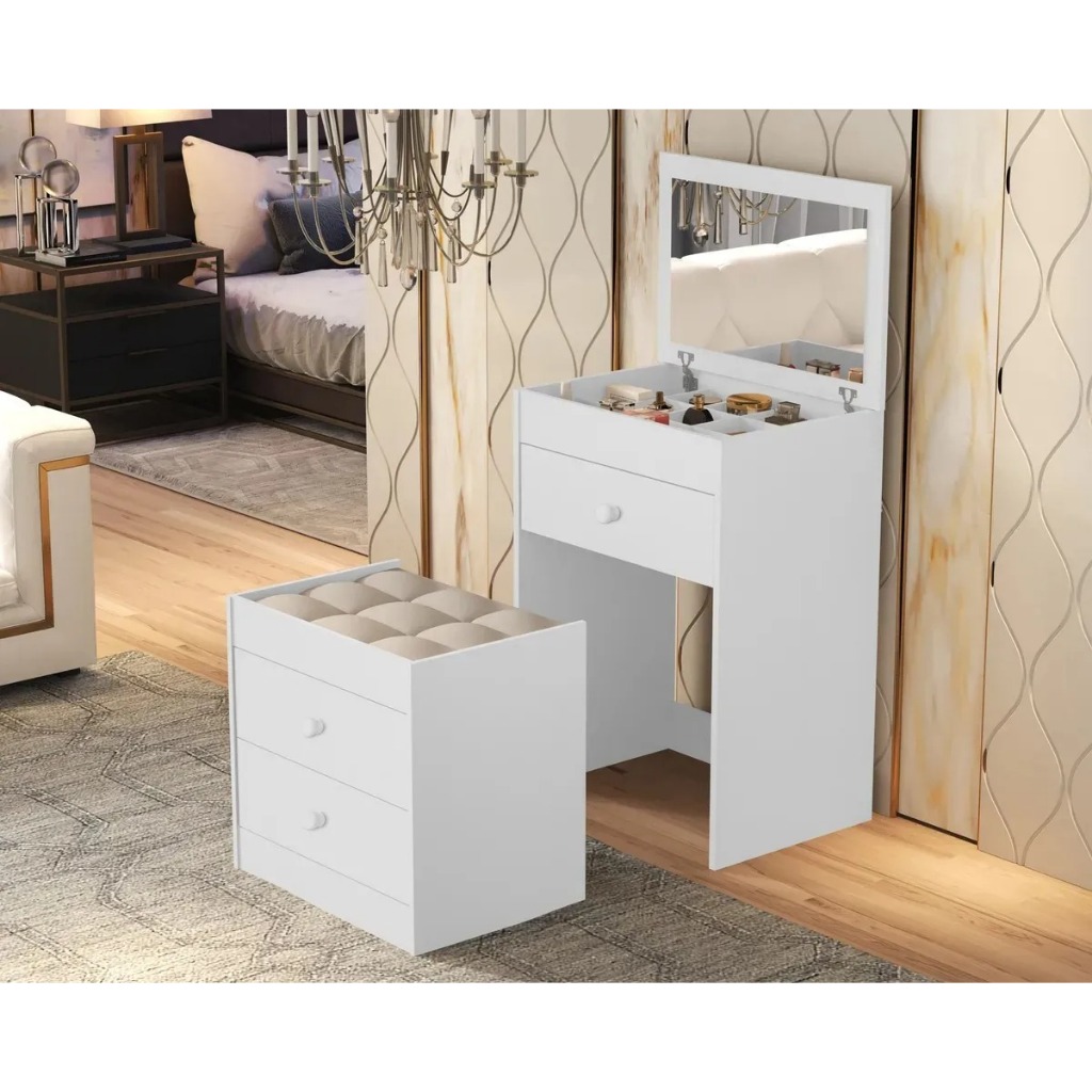 PENTEADEIRA CAMARIM COM ESPELHO E PUFF BANQUETA QUARTO LUXO MODERNO