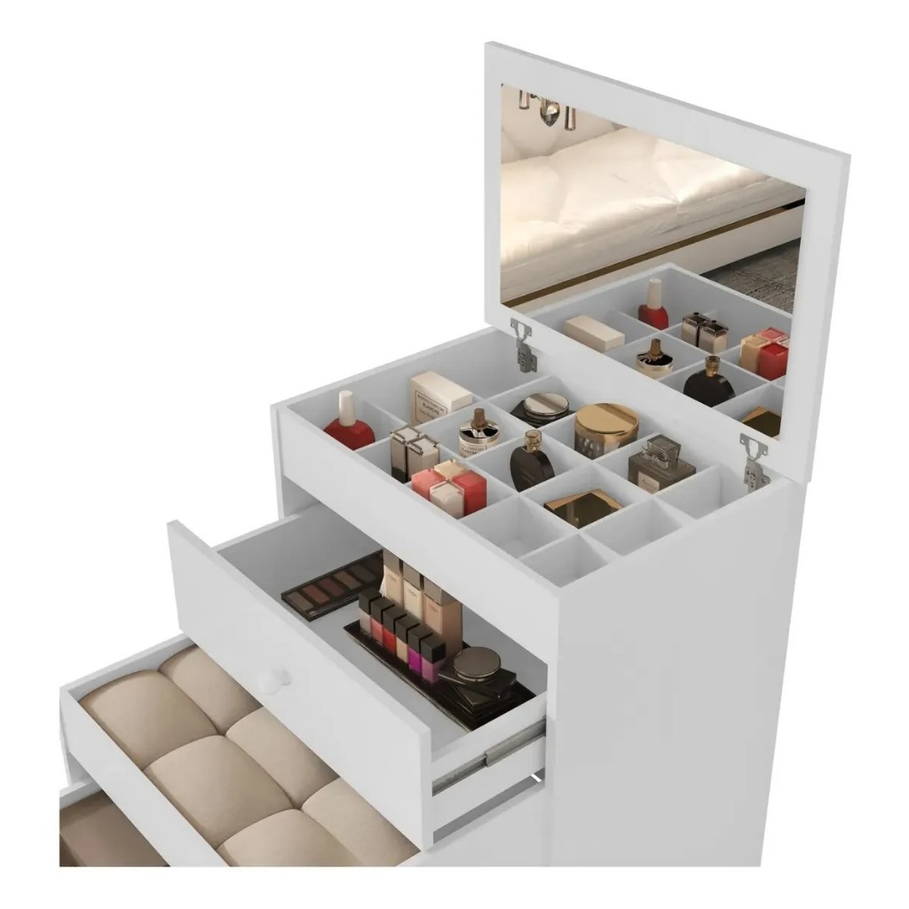 PENTEADEIRA CAMARIM COM ESPELHO E PUFF BANQUETA QUARTO LUXO MODERNO